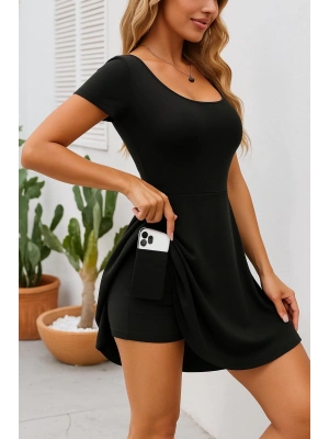Kadın Kısa Kollu Kare Yaka Short Detaylı Cepli Dalgıç Elbise