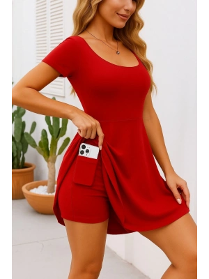 Kadın Kısa Kollu Kare Yaka Short Detaylı Cepli Dalgıç Elbise