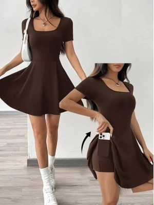 Kadın Kısa Kollu Kare Yaka Short Detaylı Cepli Dalgıç Elbise