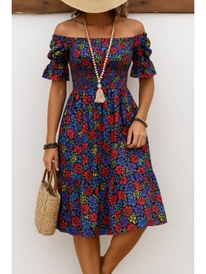 Kadın Kısa Kollu Kare Yakalı Beli Lastikli çiçek Desenli Mini Süprem Elbise