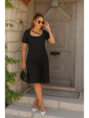 Kadın Kısa Kollu Kare Yakalı Ip Detaylı Janjan Krep Elbise