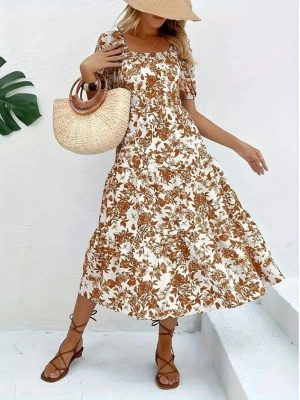 Kadın Kısa Kollu Kare Yakalı Lastikli Desenli Süprem Elbise