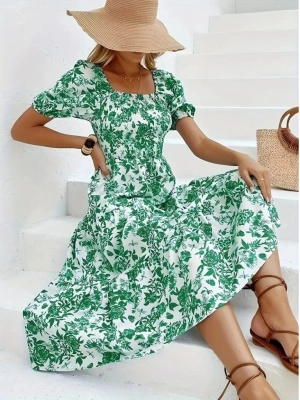 Kadın Kısa Kollu Kare Yakalı Lastikli Desenli Süprem Elbise