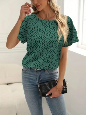 Kadın Kısa Kollu Kolları Volanlı Baskılı Süprem Bluz