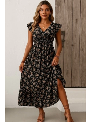 Kadın Kısa Kollu Kruvaze Yaka Beli Lastikli çiçek Desenli Elbise