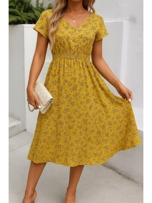 Kadın Kısa Kollu Kruvaze Yaka Beli Lastikli çiçek Desenli Elbise