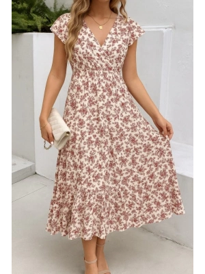 Kadın Kısa Kollu Kruvaze Yaka Beli Lastikli çiçek Desenli Elbise