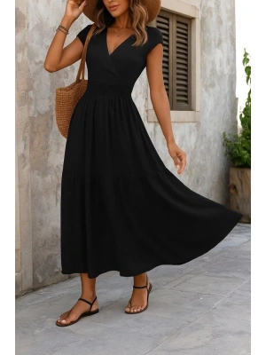 Kadın Kısa Kollu Kruvaze Yaka Beli Lastikli Süprem Maksi Boy Elbise