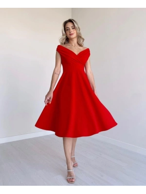 Kadın Kısa Kollu Kruvaze Yaka Eteği Volanlı Krep Elbise