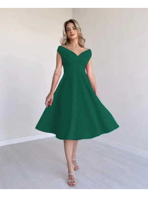 Kadın Kısa Kollu Kruvaze Yaka Eteği Volanlı Krep Elbise