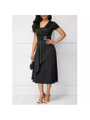 Kadın Kısa Kollu Kruvaze Yaka Kuşak Ve Toka Detay Krep Elbise