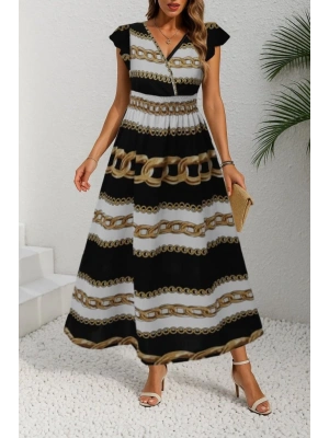 Kadın Kısa Kollu Kruvaze Yakalı Beli Lastikli Desenli Maksi Boy örme Krep Elbise