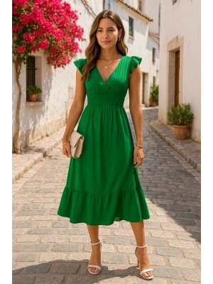 Kadın Kısa Kollu Kruvaze Yakalı Beli Lastikli Müslim Elbise