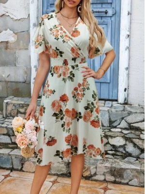 Kadın Kısa Kollu Kruvaze Yakalı Desenli Süprem Kısa Elbise