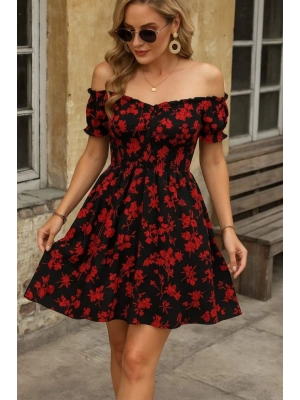 Kadın Kısa Kollu Madonna Yaka Beli Lastikli çiçek Desenli Kısa Süprem Elbise