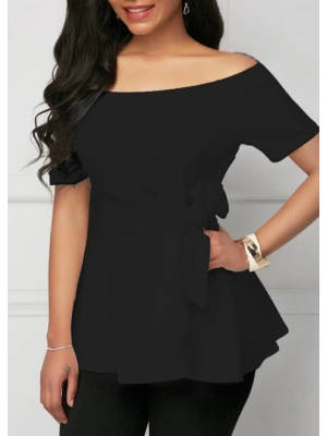 Kadın Kısa Kollu Madonna Yaka Yandan Bağlamalı Ithal Krep Bluz