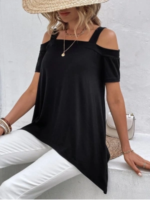 Kadın Kısa Kollu Omuzlardan Açık Askılı Asimetrik Kesim Viskon Bluz