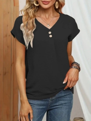 Kadın Kısa Kollu önü Düğmeli V Yaka Aerobin Bluz