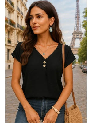 Kadın Kısa Kollu önü Düğmeli V Yaka Aerobin Bluz