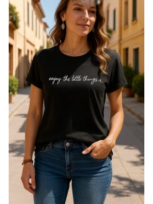 Kadın Kısa Kollu önü Yazı Baskılı Basic Süprem Bluz