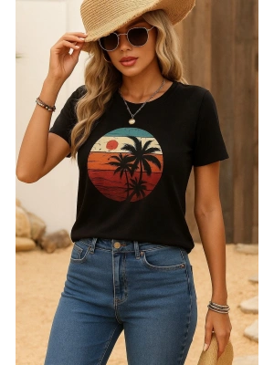 Kadın Kısa Kollu Palmiye Baskılı Viskon T-shirt