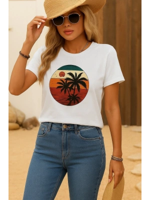 Kadın Kısa Kollu Palmiye Baskılı Viskon T-shirt
