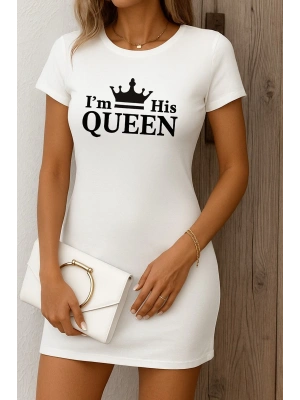 Kadın Kısa Kollu Queen Baskı Iki Iplik Mini Elbise