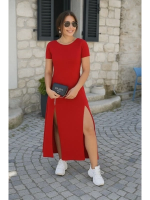 Kadın Kısa Kollu Sırt Dekolteli Yırtmaç Detaylı Viskon Elbise