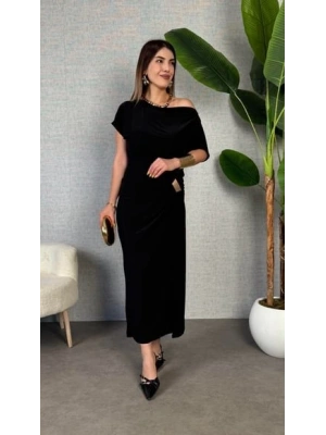 Kadın Kısa Kollu Tek Omuzdan Açık Beli Lastikli Sandy Maxi Elbise