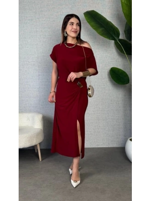 Kadın Kısa Kollu Tek Omuzdan Açık Beli Lastikli Sandy Maxi Elbise
