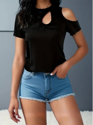 Kadın Kısa Kollu Tek Omuzu Açık Damla Detaylı Viskon Bluz