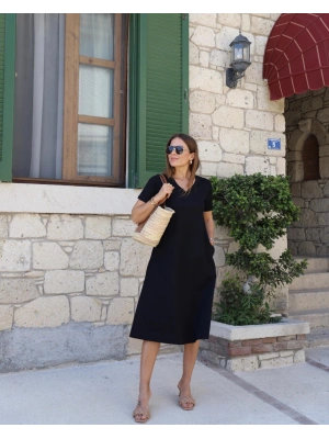 Kadın Kısa Kollu V Yaka Cepli A Kesim Detaylı Viskon Elbise