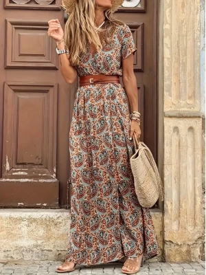 Kadın Kısa Kollu V Yaka Etnik Desenli Yırtmaç Detay Süprem Elbise (kemersiz)