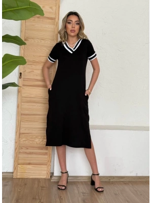 Kadın Kısa Kollu V Yaka Kol Ve Yaka Ribana Detay Midi Boy Viskon Elbise