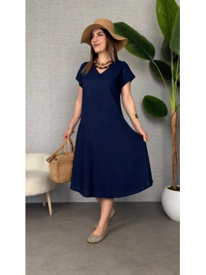 Kadın Kısa Kollu V Yaka Salaş Maxi Boy Elbise