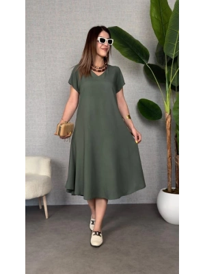 Kadın Kısa Kollu V Yaka Salaş Maxi Boy Elbise