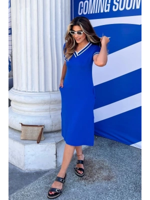 Kadın Kısa Kollu V Yaka Ve Yaka Ribana Detay Midiboy Viskon Elbise