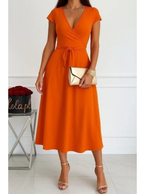 Kadın Kısa Kollu V Yakalı Belden Kuşaklı Maksi Boy Viskon Elbise