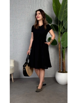 Kadın Kısa Kollu V Yakalı Beli Kuşaklı Ithal Keten Elbise