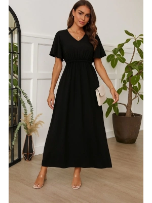 Kadın Kısa Kollu V Yakalı Beli Lastikli Uzun Viskon Elbise