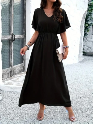 Kadın Kısa Kollu V Yakalı Beli Lastikli Uzun Viskon Elbise