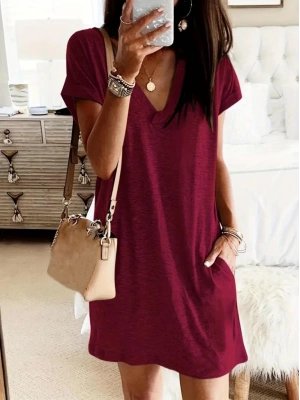 Kadın Kısa Kollu V Yakalı Cepli Kısa Viskon Elbise