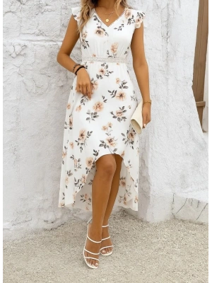 Kadın Kısa Kollu V Yakalı çiçek Desenli önü Kısa Arkası Uzun Pegasus Elbise