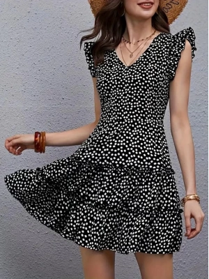 Kadın Kısa Kollu V Yakalı Desenli Fırfırlı Süprem Elbise