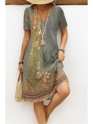 Kadın Kısa Kollu V Yakalı Desenli Süprem Elbise