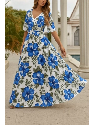 Kadın Kısa Kollu V Yakalı Desenli Süprem Elbise