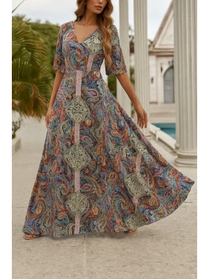 Kadın Kısa Kollu V Yakalı Desenli Süprem Elbise