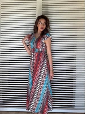 Kadın Kısa Kollu V Yakalı Desenli Yandan Yırtmaçlı Süprem Elbise