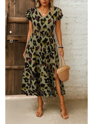 Kadın Kısa Kollu V Yakalı Desenli Yandan Yırtmaçlı Süprem Elbise