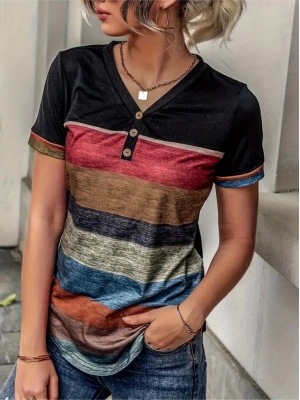 Kadın Kısa Kollu V Yakalı Düğmeli çok Renkli Süprem Bluz
